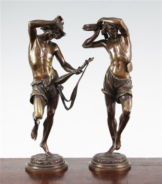 Albert Carrier Belleuse (French, 1824-1887). Danseurs Napolitains, a pair of patinated bronze figures of musicians, 10.5in.